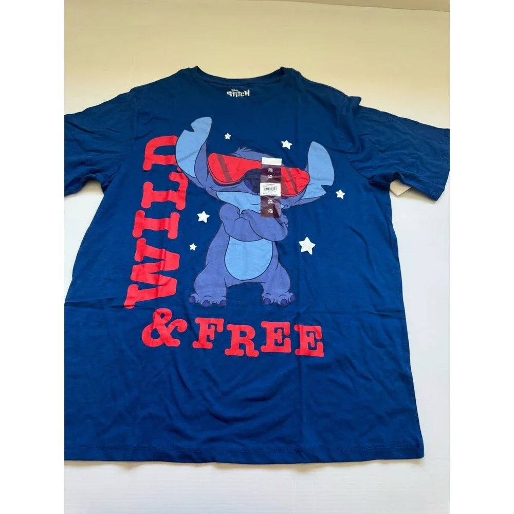Disney Stitch Wild & Free Unisex Kids XXL 18 Blue Graphic T Shirt NWT
